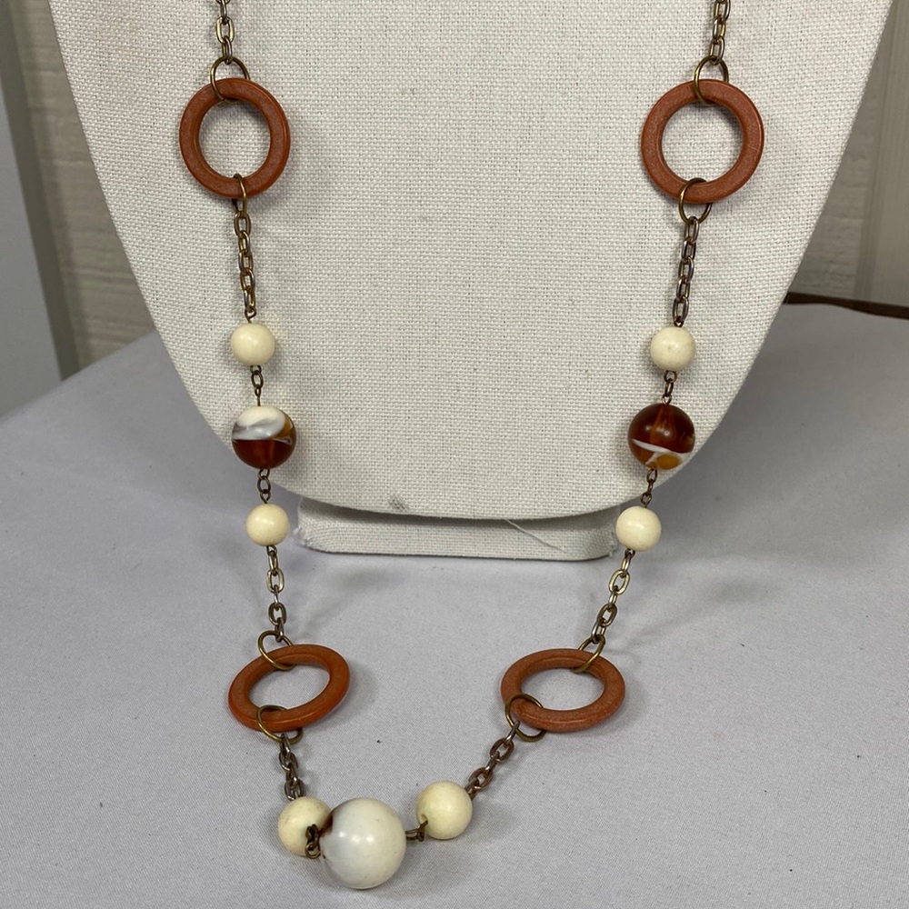 Funky long vintage marbleized bead and circles necklace